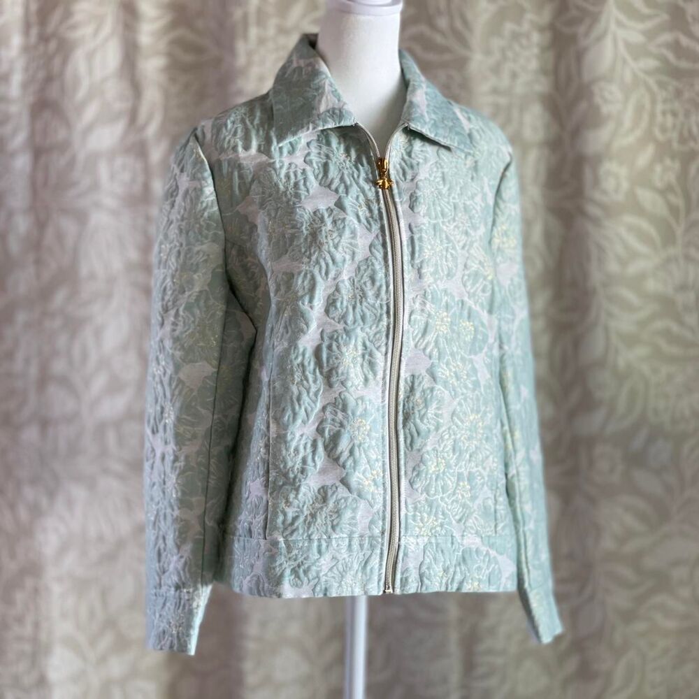 NWOT Draper's & Damon's Jacquard Brocade Blazer Zip Up Jacket Green Gold Size PL
